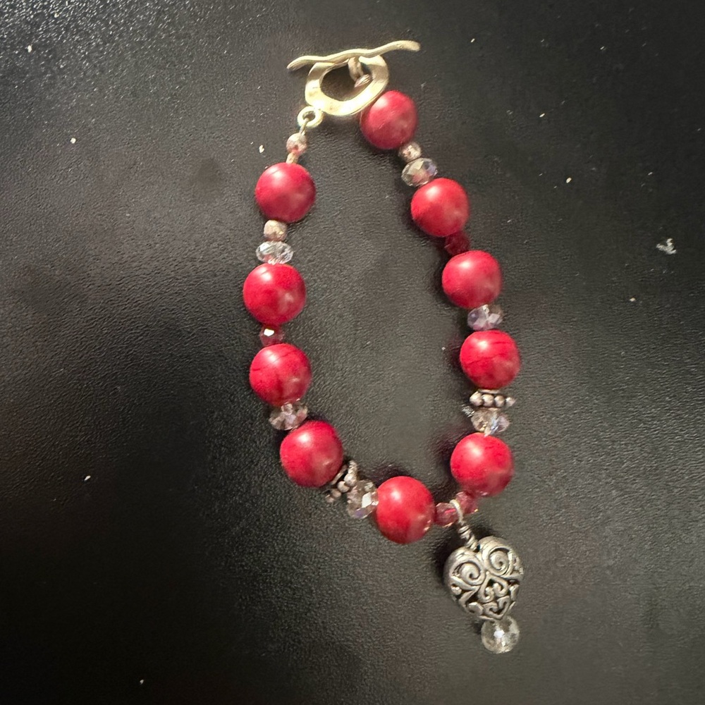 Red Beaded Heart Charm Bracelet - Unbranded